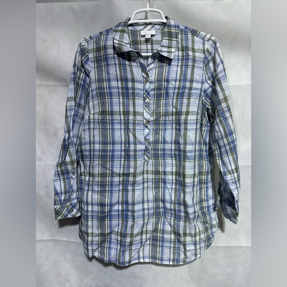 J. Jill Love Linen Plaid Popover Shirt Top Women's Small Petite Colorful Coastal